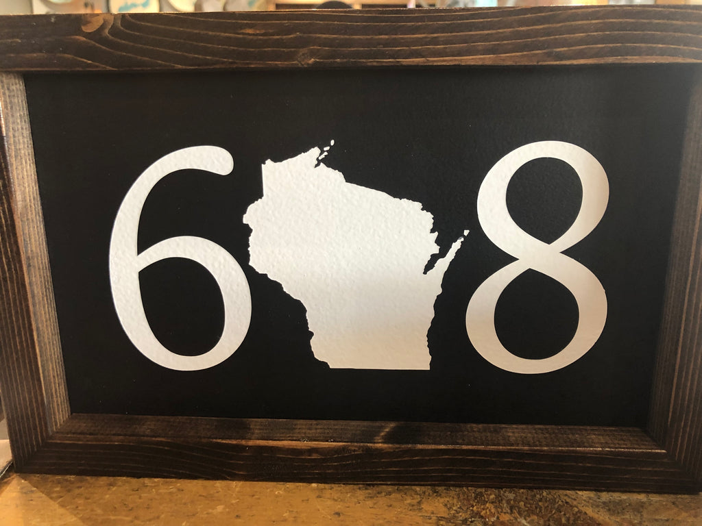 608 Area Code Sign in Dark Stain (2 Background Colors)