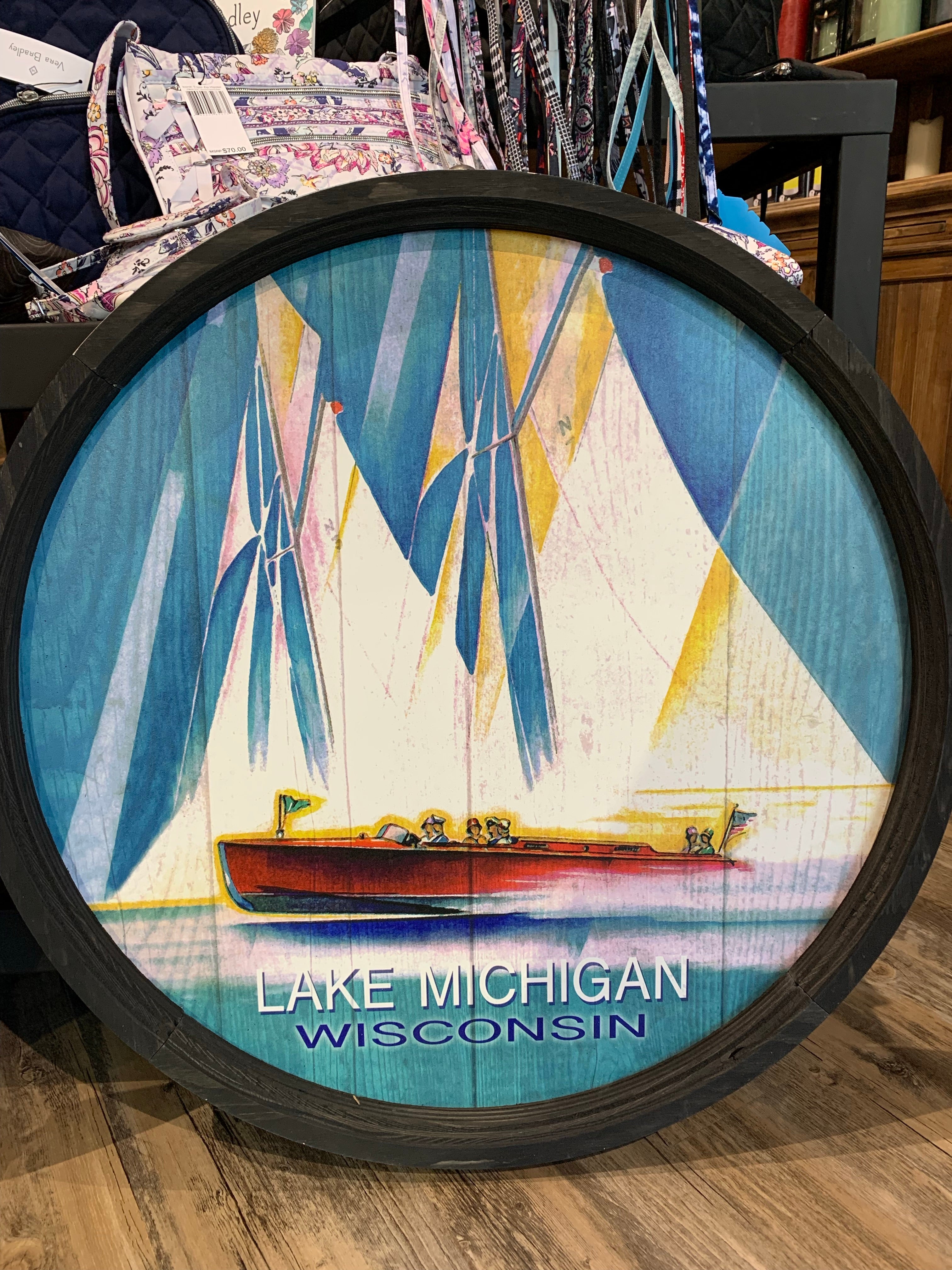 Motor and Sailboat Lake Michigan- Barrel End Style Lake Art - 23" Round