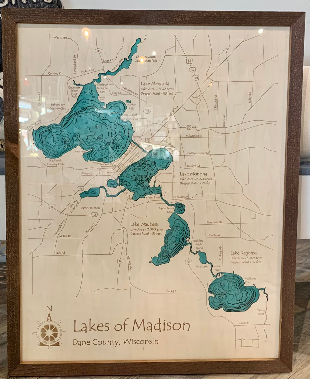 Bathymetry - Lakes of Madison - 24x30 with Plexiglass Black or Rustic Frame