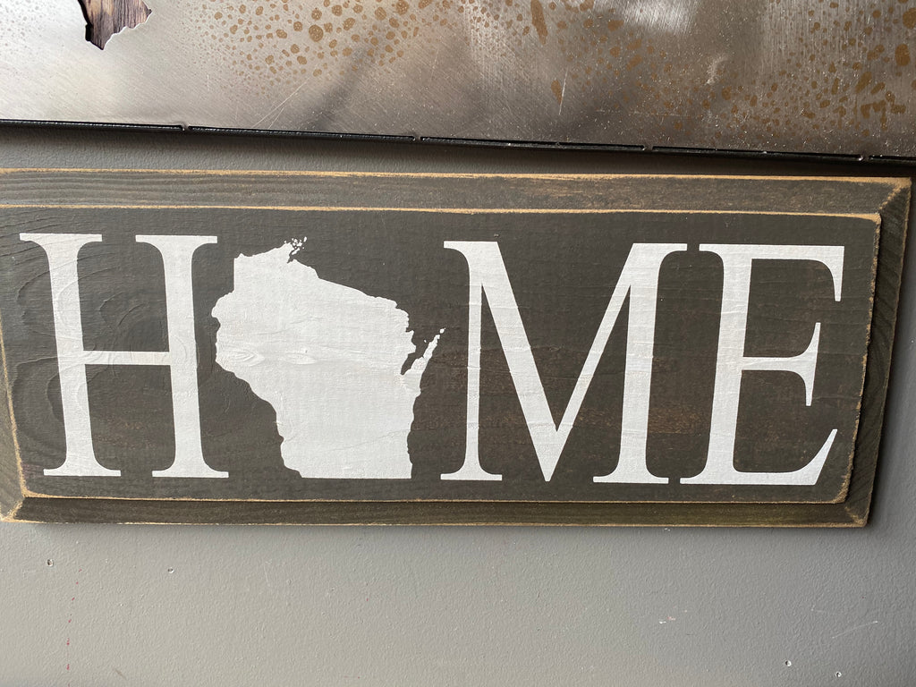 HOME Wisconsin - Wood Sign - 7x18 (Charcoal with Cottage White Lettering)