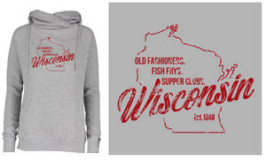 Old Fashioneds, Fish Frys, and Supper Clubs Cowl Neck Sweatshirt - Gray with Red Lettering