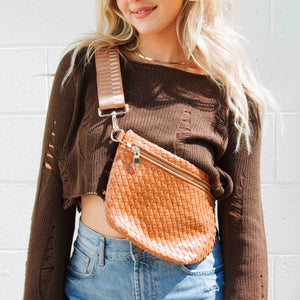 Woven Bum Bag - Brown Faux Leather